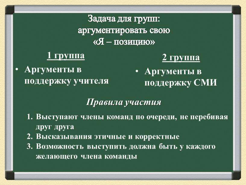 Задача для групп: аргументировать свою «Я – позицию» 2 группа