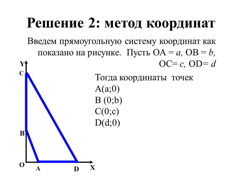 Решение 2: метод координат Введем прямоугольную систему координат как показано на рисунке