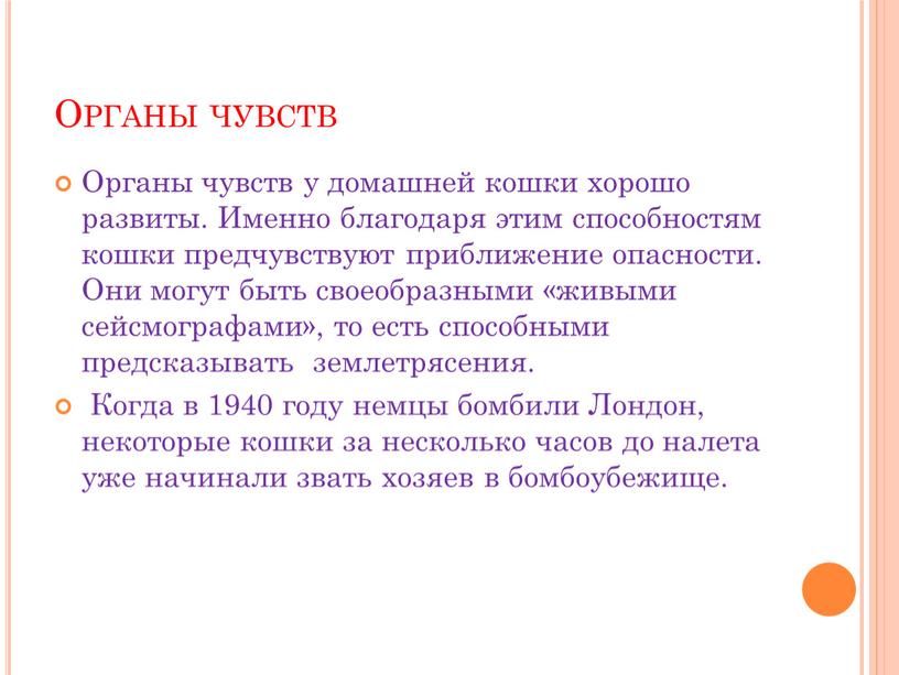 Органы чувств Органы чувств у домашней кошки хорошо развиты