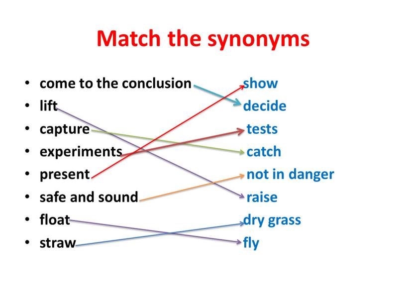 Match the synonyms come to the conclusion lift capture experiments present safe and sound float straw show decide tests catch not in danger raise dry…