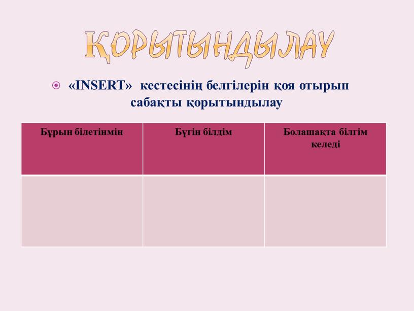 INSERT» кестесінің белгілерін қоя отырып сабақты қорытындылау