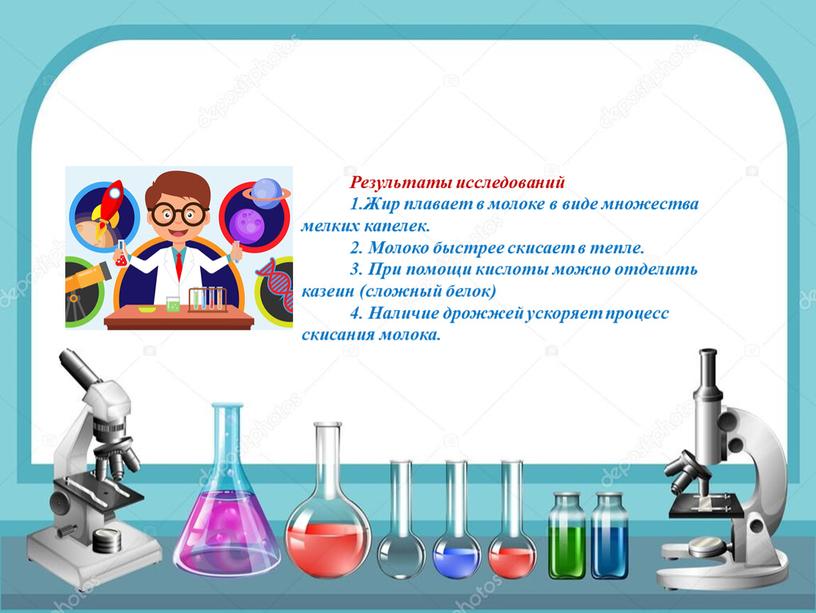 Результаты исследований 1.Жир плавает в молоке в виде множества мелких капелек