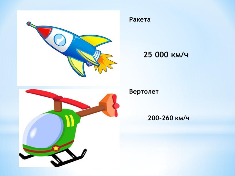 Ракета 25 000 км/ч Вертолет 200-260 км/ч