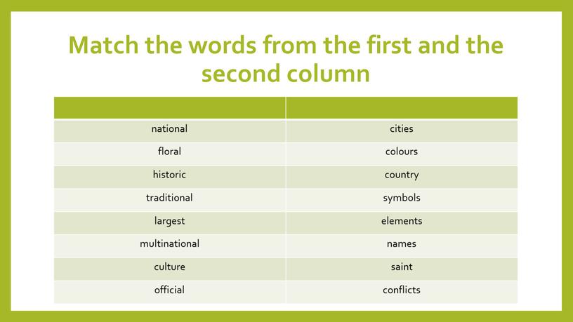 Match the words from the first and the second column national cities floral colours historic country traditional symbols largest elements multinational names culture saint official…