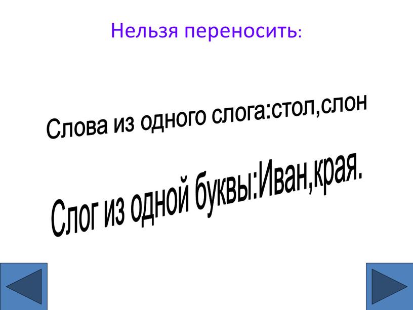 Нельзя переносить: Слова из одного слога:стол,слон