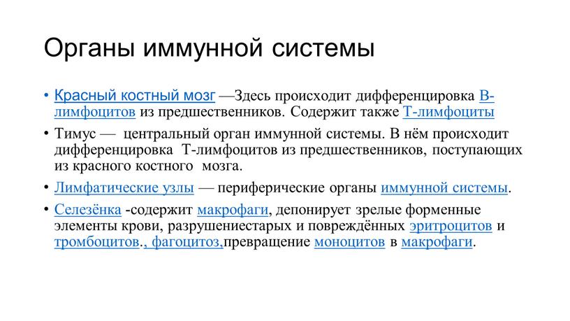 Органы иммунной системы Красный костный мозг —Здесь происходит дифференцировка