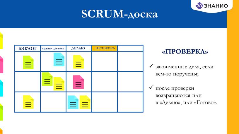 SCRUM-доска ПРОВЕРКА «ПРОВЕРКА» законченные дела, если кем-то поручены; после проверки возвращаются или в «Делаю», или «Готово»