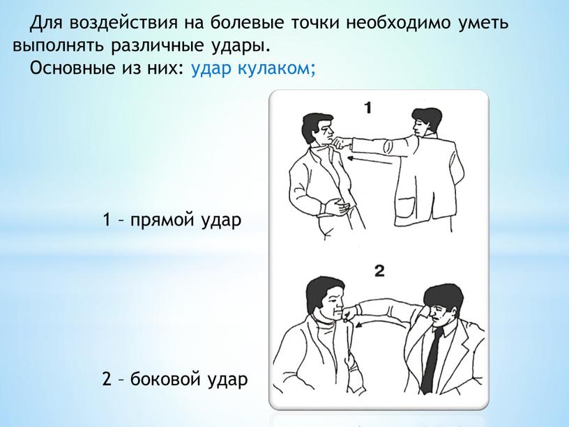 Для воздействия на болевые точки необходимо уметь выполнять различные удары