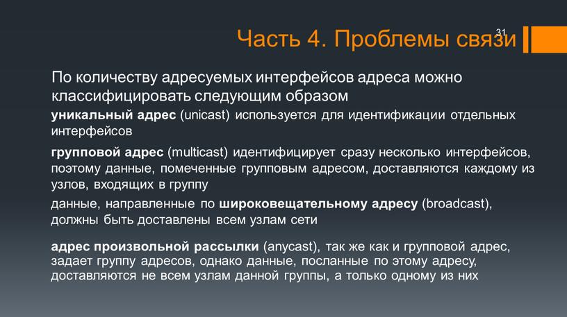 Часть 4. Проблемы связи По количеству адресуемых интерфейсов адреса можно классифицировать следующим образом групповой адрес (multicast) идентифицирует сразу несколько интерфейсов, поэтому данные, помеченные групповым адресом,…