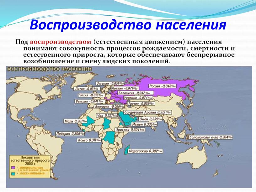 Воспроизводство населения Под воспроизводством (естественным движением) населения понимают совокупность процессов рождаемости, смертности и естественного прироста, которые обеспечивают беспрерывное возобновление и смену людских поколений