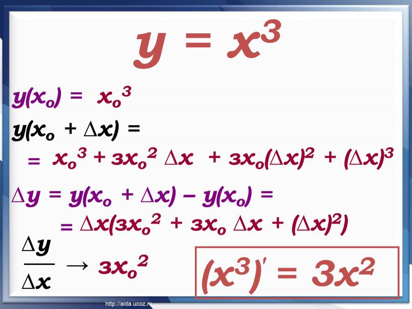 у = х3 у(хо) = у(хо + ∆х) = = ∆у = у(хо + ∆х) – у(хо) = = хо3 ∆х(зхо2 + зхо ∆х +…