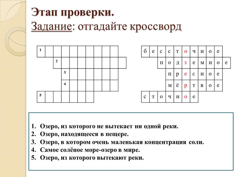 Этап проверки. Задание : отгадайте кроссворд