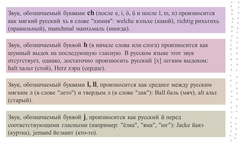 Звук, обозначаемый буквами ch (после е, i, ö, ü и после l, m, n) произносится как мягкий русский хь в слове "химия": welche вэльхе (какой),…