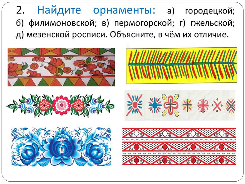 Найдите орнаменты: а) городецкой; б) филимоновской; в) пермогорской; г) гжельской; д) мезенской росписи