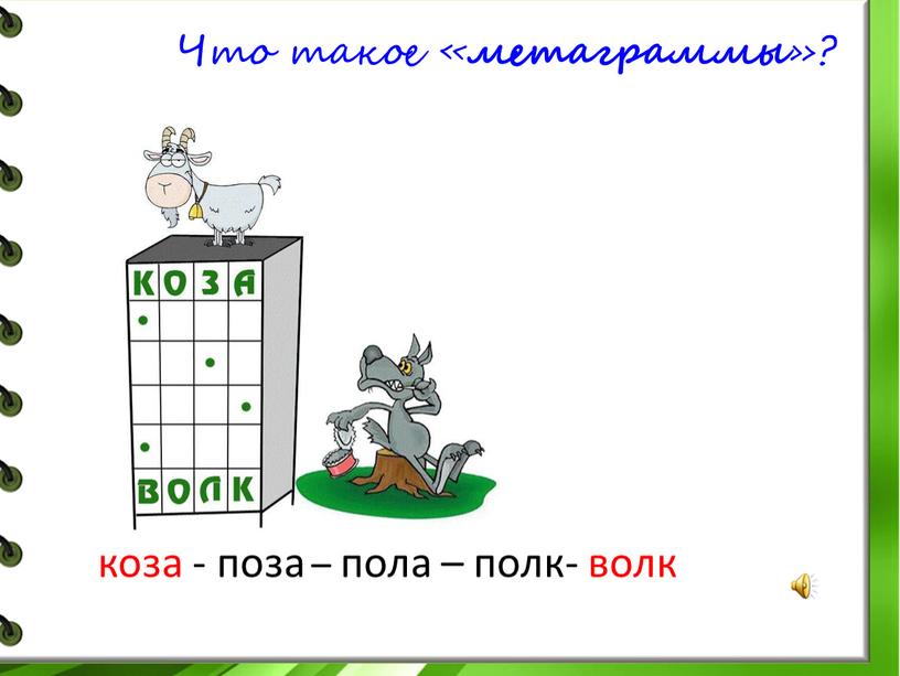 Что такое « метаграммы »? коза - поза – пола – полк- волк