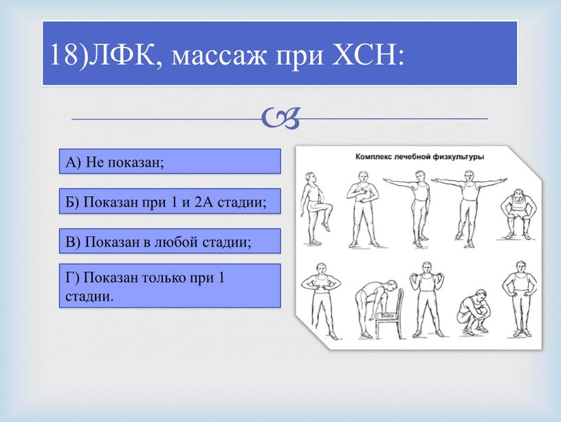 ЛФК, массаж при ХСН: А) Не показан;