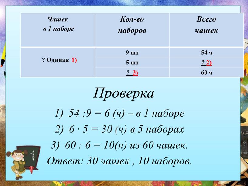 Проверка 54 :9 = 6 (ч) – в 1 наборе 6 ∙ 5 = 30 (ч) в 5 наборах 60 : 6 = 10(н) из…