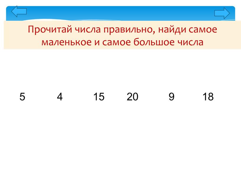 Прочитай числа правильно, найди самое маленькое и самое большое числа 4 15 18 9 5 20