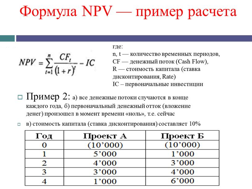 Формула NPV — пример расчета Пример 2: а) все денежные потоки случаются в конце каждого года, б) первоначальный денежный отток (вложение денег) произошел в момент…