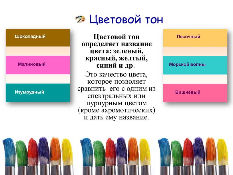 Цветовой тон Цветовой тон определяет название цвета: зеленый, красный, желтый, синий и др