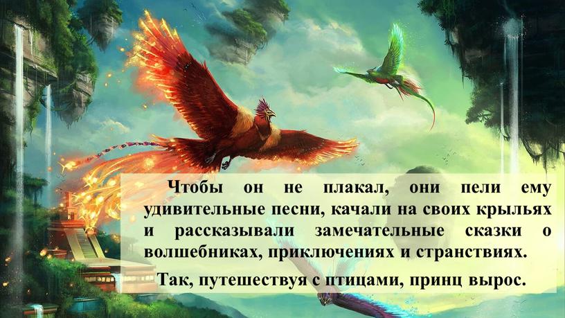 Чтобы он не плакал, они пели ему удивительные песни, качали на своих крыльях и рассказывали замечательные сказки о волшебниках, приключениях и странствиях