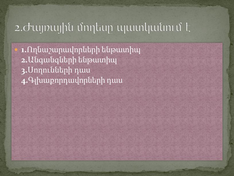 1. Ողնաշարավորների ենթատիպ 2. Անգանգների ենթատիպ 3. Սողունների դաս 4. Գլխաքորդավորների դաս 2.. 2.Ժայռային մողեսը պատկանում է