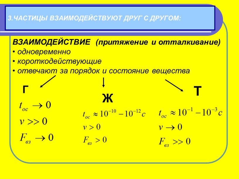 ВЗАИМОДЕЙСТВИЕ (притяжение и отталкивание) одновременно короткодействующие отвечают за порядок и состояние вещества