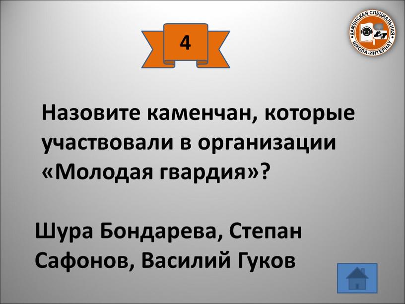 Назовите каменчан, которые участвовали в организации «Молодая гвардия»?