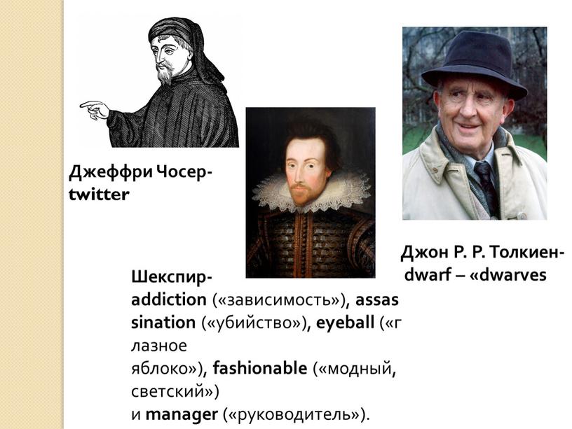 Джеффри Чосер-twitter Шекспир-addiction («зависимость»), assassination («убийство»), eyeball («глазное яблоко»), fashionable («модный, светский») и manager («руководитель»)