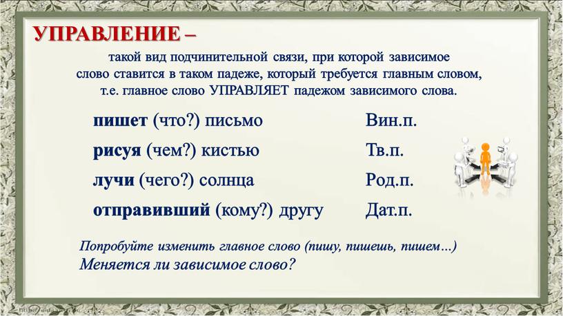 УПРАВЛЕНИЕ – такой вид подчинительной связи, при которой зависимое слово ставится в таком падеже, который требуется главным словом, т