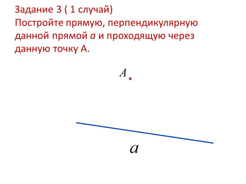 Задание 3 ( 1 случай) Постройте прямую, перпендикулярную данной прямой a и проходящую через данную точку