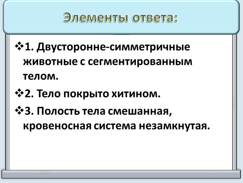 Элементы ответа: 1. Двусторонне-симметричные животные с сегментированным телом