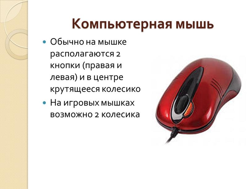 Компьютерная мышь Обычно на мышке располагаются 2 кнопки (правая и левая) и в центре крутящееся колесико