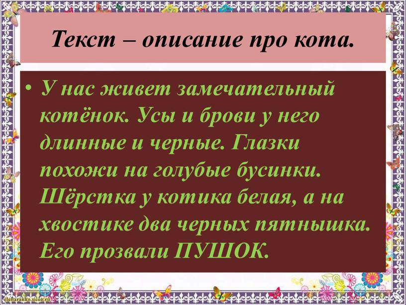 Текст – описание про кота. У нас живет замечательный котёнок