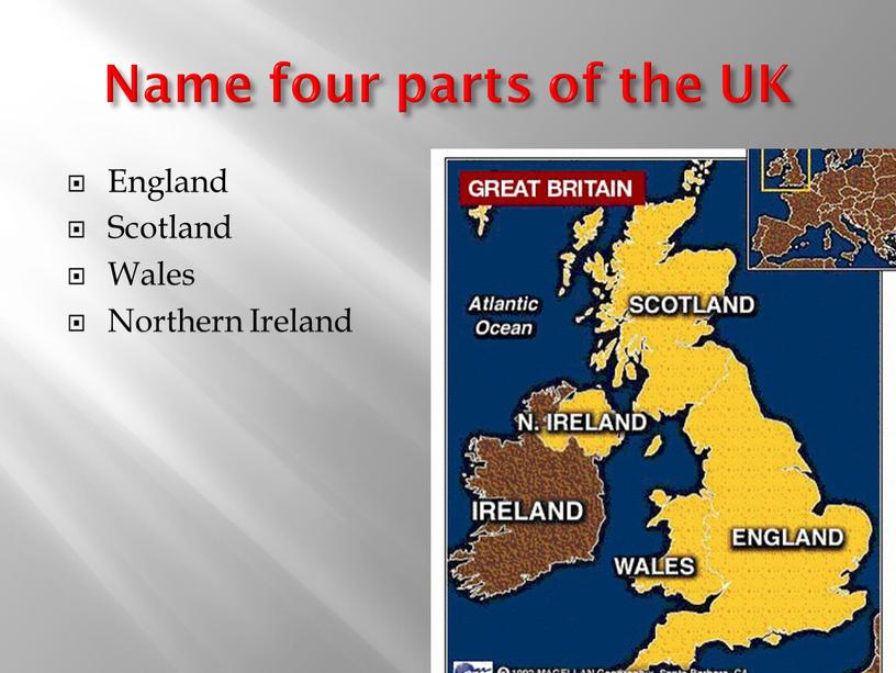 Name four parts of the UK England