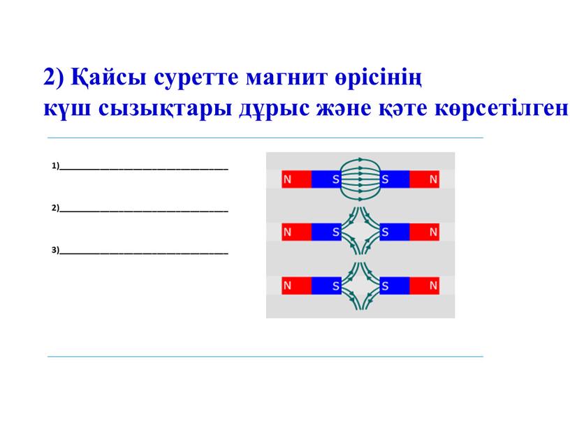 1)____________________________________ 2)____________________________________ 3)____________________________________ 2) Қайсы суретте магнит өрiсiнiң күш сызықтары дұрыс және қәте көрсетiлген