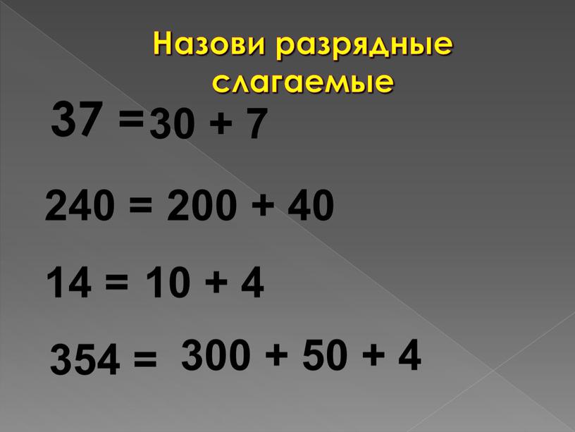 Назови разрядные слагаемые 37 = 240 = 14 = 354 = 30 + 7 200 + 40 10 + 4 300 + 50 + 4