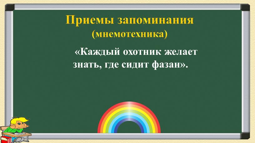 Приемы запоминания (мнемотехника) «Каждый охотник желает знать, где сидит фазан»