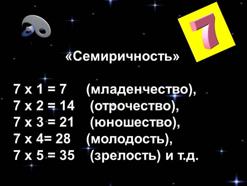 Семиричность» 7 х 1 = 7 (младенчество), 7 х 2 = 14 (отрочество), 7 х 3 = 21 (юношество), 7 х 4= 28 (молодость), 7…