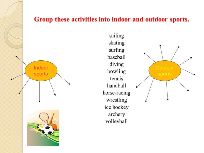 Group these activities into indoor and outdoor sports