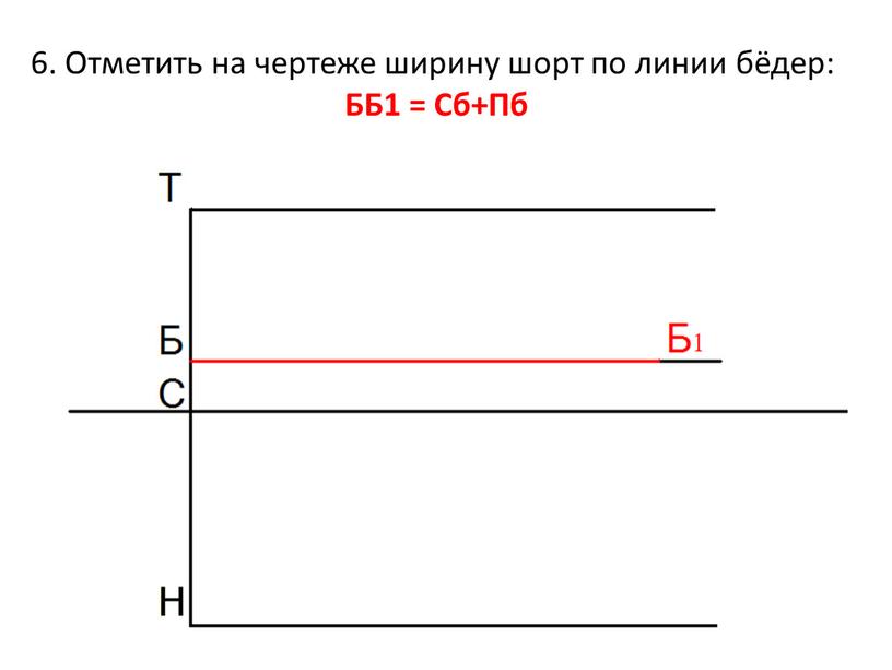 Отметить на чертеже ширину шорт по линии бёдер: