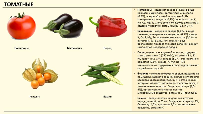 ТОМАТНЫЕ Помидоры – содержат сахаров (3,5%) в виде глюкозы и фруктозы, органические кислоты (0,5%), в виде яблочной и лимонной