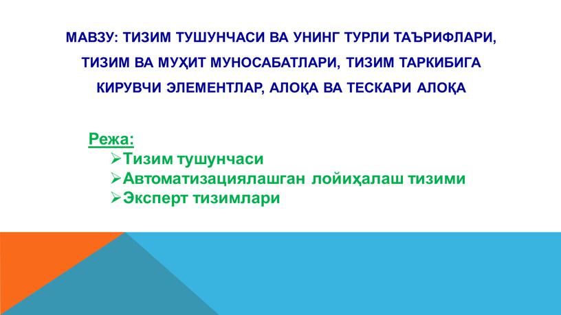 Тизим тушунчаси ва унинг турли таърифлари, тизим ва муҳит муносабатлари, тизим таркибига кирувчи элементлар, алоқа ва тескари алоқа