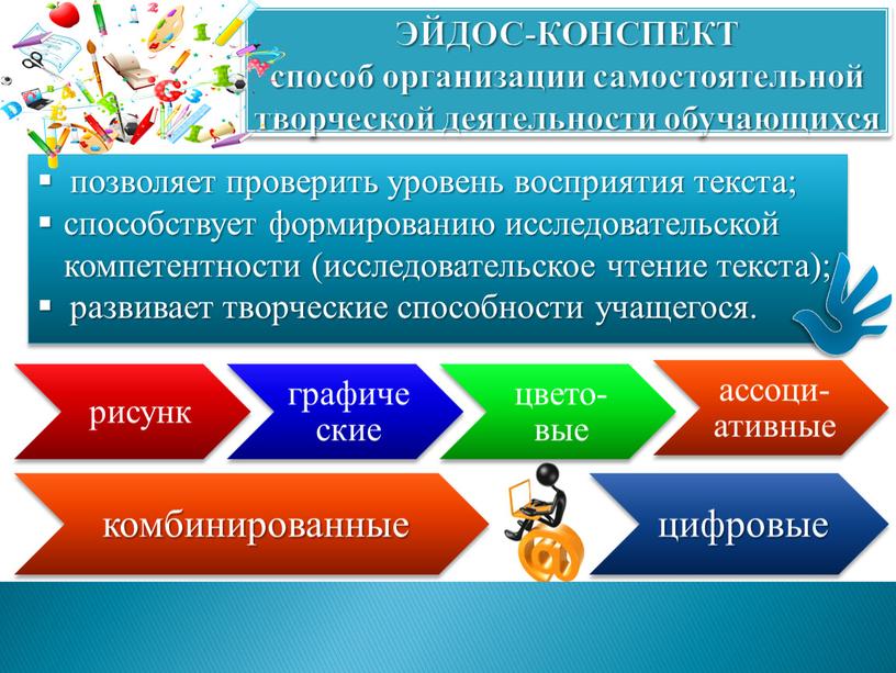 ЭЙДОС-КОНСПЕКТ способ организации самостоятельной творческой деятельности обучающихся позволяет проверить уровень восприятия текста; способствует формированию исследовательской компетентности (исследовательское чтение текста); развивает творческие способности учащегося