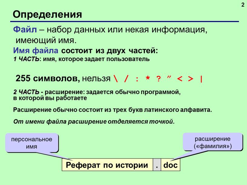 Определения 2 Файл – набор данных или некая информация, имеющий имя