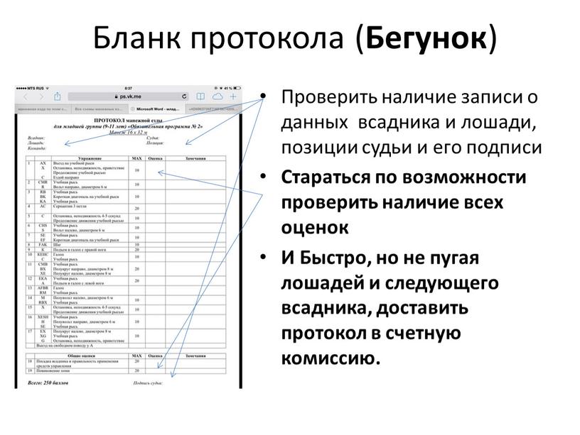 Бланк протокола ( Бегунок ) Проверить наличие записи о данных всадника и лошади, позиции судьи и его подписи