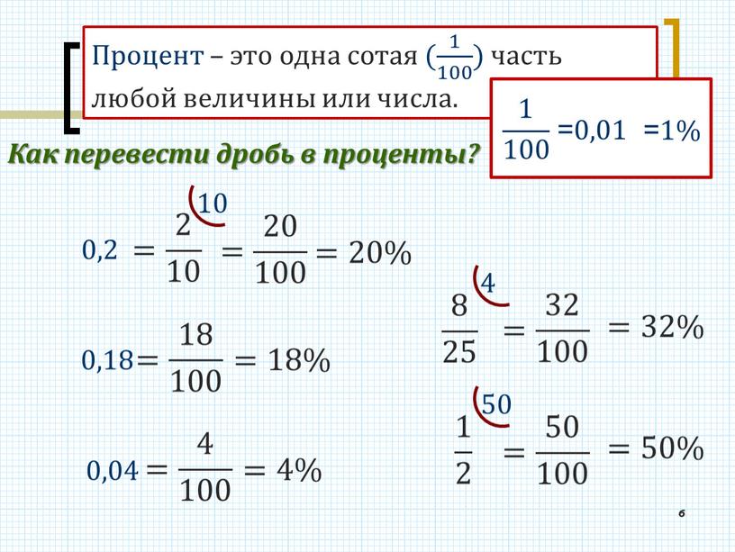 Процент – это одна сотая ( 1 100 1 1 100 100 1 100 ) часть любой величины или числа