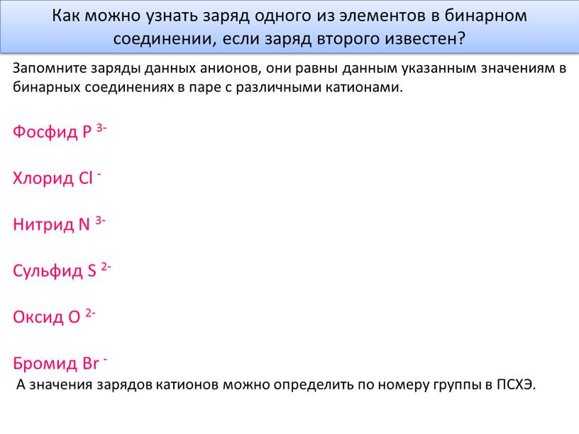 Как можно узнать заряд одного из элементов в бинарном соединении, если заряд второго известен?