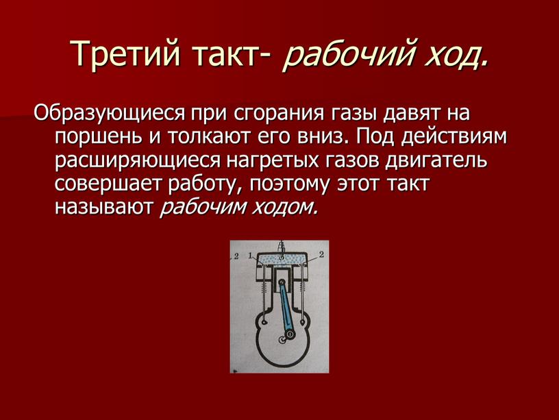 Третий такт- рабочий ход. Образующиеся при сгорания газы давят на поршень и толкают его вниз