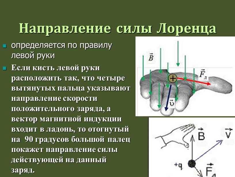 Направление силы Лоренца определяется по правилу левой руки